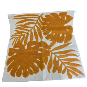 Embroidery Throw Pillow Cover Square Tropical Leaves White Orange 18" x 18"